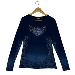 HARLEY-DAVIDSON Blue Long-Sleeve T-Shirt Rhinestone Embellishment Size Large